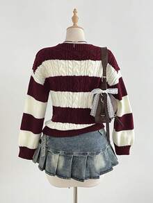 Elamini Women's Casual Versatile V-Neck Striped Lantern Sleeve Knit Sweater Top, Navy & Apricot, Autumn/Winter - Burgundy - View 2