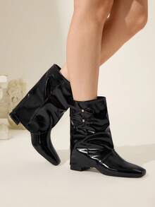 CUCCOO CHICEST Women's Autumn/Winter New Arrival Metal Bow Square Toe Block Heel Elegant Sweet Commute Casual Fashion Personalized Comfortable Black Faux Leather Patent Leather Ankle Boots, Suitable For Afternoon Tea, Date, Fashion Party, Workplace, Collegiate, Streetwear,, Basic Versatile, Christmas, Thanksgiving, New Year - Black - View 6