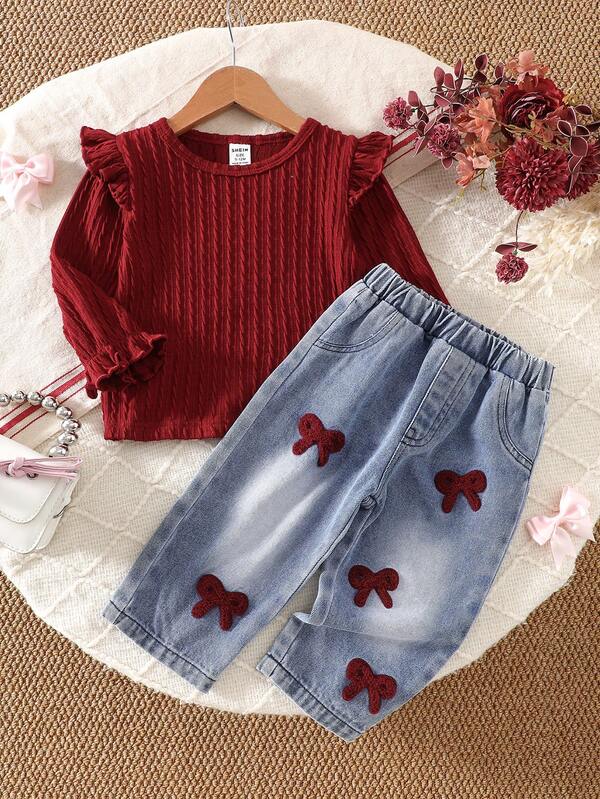 婴儿/幼儿男女通用0-3岁春秋季甜美蝴蝶结刺绣长裤套装，圆领长袖上衣搭配牛仔裤，适合外出、休闲、日常穿着