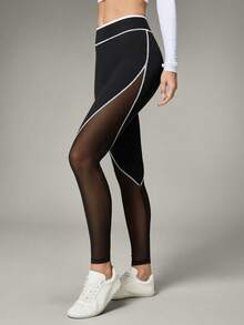 Hanevo 女士撞色滚边修身拼接透视健身运动紧身裤 - 黑色 - 查看 4