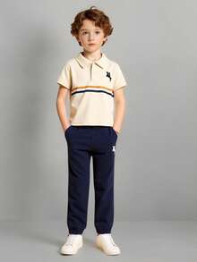 SHEIN 2pcs/Set Young Boy Summer Casual Striped Knight Print T-Shirt And Pants Set - Apricot - View 8