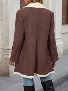 SHEIN Clasi Women's Fluffy Patchwork Front Button Simple Casual Regular Jacket In Fall/Winter - Mocha Brown - View 2