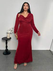 SHEIN Privé Plus Size Solid Color Draped Metal Ring Decor Elegant Long Sleeve Dress Red, New Year Dress For Women - Burgundy - View 1