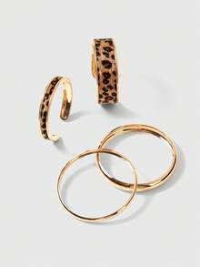 ROMWE Grunge Punk 2 Pcs Leopard Print PU Leather Cuff Bangles & 2 Pcs Minimalist Metal Cuff Bracelets , Stacked Bangle Bracelets Set For Women - Multicolor - View 2