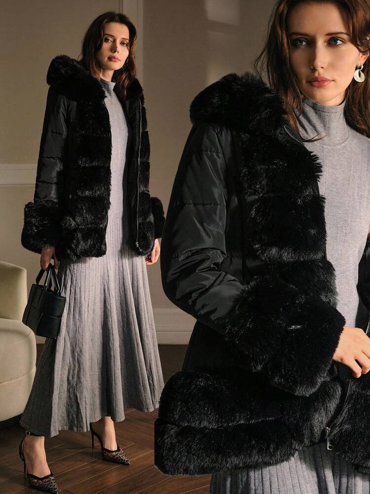 CONTRAST FAUX FUR HOODED WINTER COAT