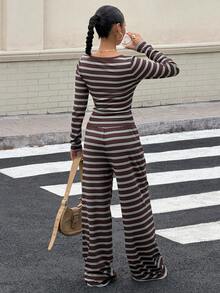 Muchica 棕色条纹针织女式休闲套装 - 彩色 - 查看 2