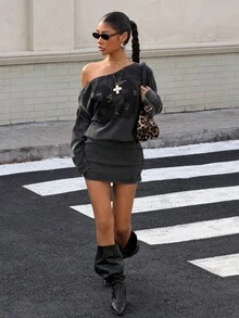Muchica Women's Dark Grey Asymmetric Shoulder Sequin Letter Print Mini Dress,Punk Streetwear Autumn Winter Clothes,Black Washed Casual Night Out Outfits - Grey - View 1