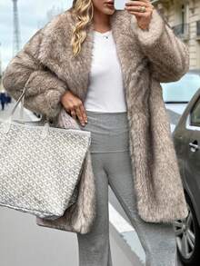 SHEIN Clasi Damen Mantel in Zweifarbig-Optik aus langem Kunstfell, minimalistisch & modisch in Große Größen - Hellgrau - Übersicht 3