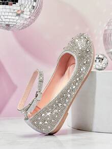 Mini mi Bailarinas rosas con tira de tobillo y aplicaciones de strass, con plantilla de espuma viscoelástica, para un look de princesa con destellos de diferentes tamaños para niñas - Plateado - Ver 6