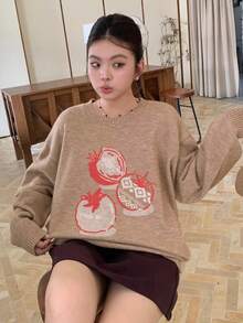 Dazy Plus Fashionable Girl's Casual Apple Jacquard Christmas & New Year Plus Size Women Pullover Sweater, Autumn/Winter - Khaki - View 6