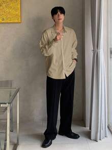 DAZY Áo sơ mi trơn màu thường ngày dành cho nam, đa năng khi đi làm, mùa xuân/thu - Màu Khaki - Xem 4