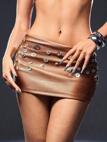 ROMWE Minifalda de cintura súper baja con efecto dorado metálico y bordado de concha en estilo retro sexy - Dorado - Ver 2