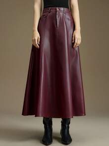 Ontre Women's Loose A-Line Leather Skirt, Suitable For Urban Commute, Business Casual, Office Wear, Teacher, Elegant Style, Valentine's Day - Burgundy - View 5