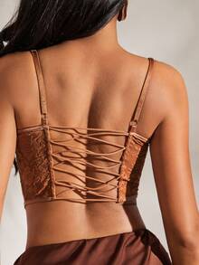 Opulessa 性感纯色蕾丝露背短款吊带背心，夏季 - 棕色 - 查看 6