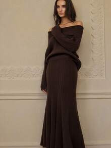 Zanirela Vintage Aesthetic Off Shoulder Textured Loose Knit Sweater Paired With Pleated Flared Maxi Skirt 2-Piece Set - Coffee Brown - View 5