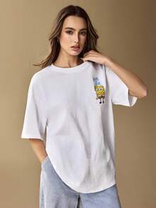 SpongeBob SquarePants | SHEIN Women's Casual Cute Cartoon Letter Graphic Loose Fit Drop Shoulder White T-Shirt, Summer - White - View 5