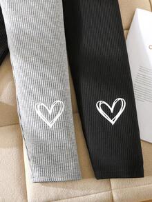 SHEIN Tween Girls Black And Grey Heart Printed High Waist Elastic Compression Fleece Leggings 2pieces Set, Slim Fit Yoga Pants, Autumn Winter Daily Wear - Black - View 5
