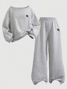SHEIN Tween-Mädchen 2-teiliges lässiges, sportliches Sweatshirt-Set im Preppy-Stil mit Pony-Logo, Herbst & Winter - Hellgrau - Übersicht 4