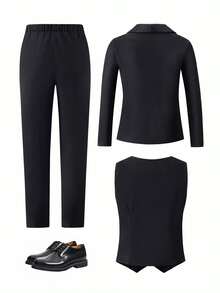 Bộ vest lịch lãm 3 món dành cho nam thiếu niên - Trang phục biểu diễn sân khấu thời trang cao cấp, sang trọng. Bao gồm áo khoác vest, áo vest ôm sát và quần tây thường ngày. - màu đen - Xem 2