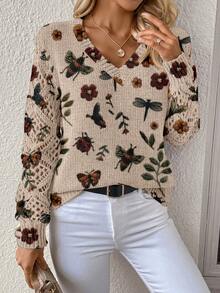 EMERY ROSE Suéter de punto de manga larga con cuello en V, estampado todo sobre insectos y plantas, estilo casual de vacaciones para mujer, otoño/invierno, navidad, casual - Multicolor - Ver 3