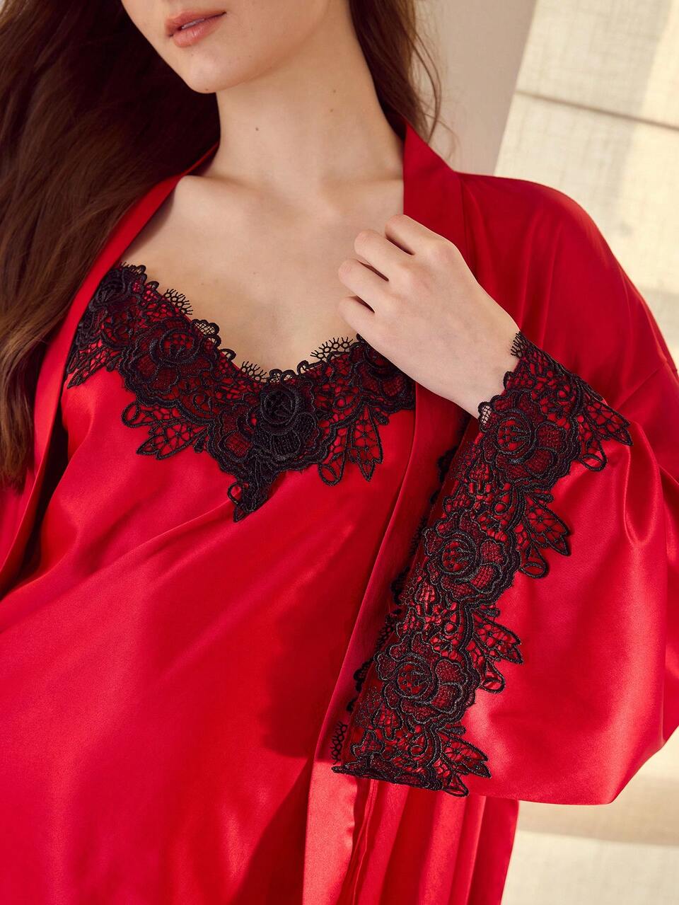 WOMEN'S ELEGANT COLOR BLOCK LACE TIE WAIST ROBE AND CAMISOLE SLEEP DRESS SLEEPWEAR PAJAMA SET