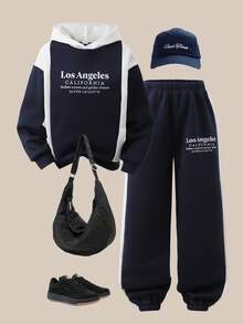 SHEIN Explorewe Boys' Minimalist Print Contrast Color Sweatshirt And Pants Set - Blue and White - View 1