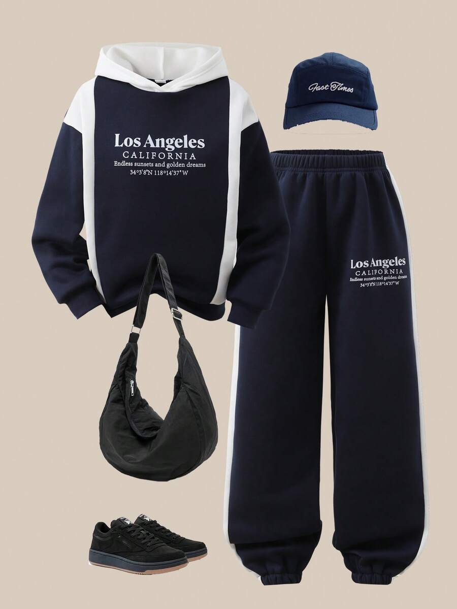SHEIN Explorewe Boys' Minimalist Print Contrast Color Sweatshirt And Pants Set - Blue and White - View 1
