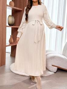 SHEIN Maternity Elegant Solid Color Round Neck Loose Dress, Autumn - Khaki - View 4