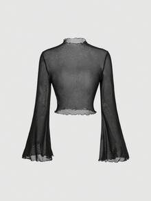 SHEIN MOD 大码女式黑色透视网纱撞色拼接喇叭袖衬衫，黑色上衣，加大码服装，套装，秋季女装，喇叭袖上衣 - 黑色 - 查看 2