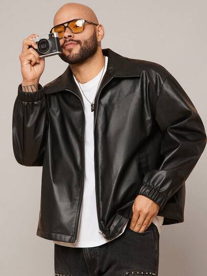 EASEVO Plus Size Men's Fashionable Street-Style PU Leather Zip-Up Long Sleeve Jacket