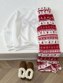 SHEIN Unity 1 Stück Weihnachtsparty Sweatshirt mit Schleifen-Muster in Rot & Weiß, thermisch gefüttert, Langarm und 1 Stück Weihnachtsbaum & Hirsch Plüsch Loungewear Set mit Kordelzug für Damen - Verschiedenfarbig - Übersicht 2