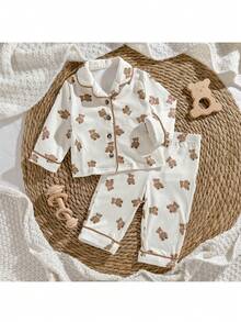 Loomiva Newborn Baby Girl Cartoon Bear Pattern Lapel Long Sleeve Cardigan Shirt And Elastic Waist Pants 2 Pieces Set Baby Teddy Bear Outfit Pajama Baby Set Baby Unisex Clothes Sets Baby Pj Set Neutral Baby Clothes Unisex - Multicolor - View 6