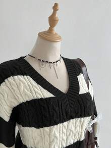 Elamini 女士休闲V领条纹灯笼袖针织衫，多色可选，适合秋冬季穿着 - 黑與白 - 查看 4