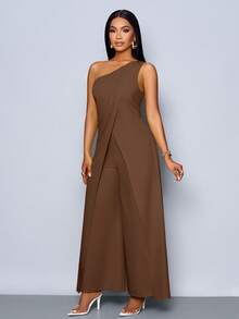 SOLERSUN Mono de pierna ancha con abertura, sin mangas y de un solo hombro, de moda para mujer en primavera y verano - Café integral - Ver 6