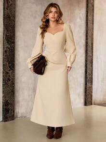 Roveilla 大码女士优雅黄色方领泡泡袖收腰连衣裙，春秋季 - 卡其色 - 查看 8