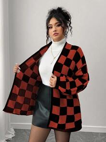 Elenzga Áo khoác cardigan tay dài họa tiết ô vuông màu sắc thường ngày thu/đông dành cho nữ cỡ lớn, rộng rãi, thoải mái, đi nghỉ, tiệc tùng - Màu Cam cháy - Xem 4