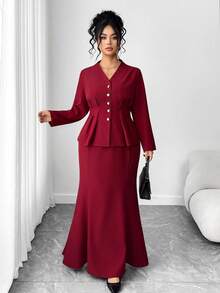 Elenzga 大码女式两件套收腰喇叭鱼尾裙优雅淑女套装，休闲两件套新款收腰 A 字型纽扣衬衫和裙子，适合返校、毕业典礼、情人节、音乐节、母亲节、万圣节、感恩节、复活节、国庆节、联欢晚会、约会派对、婚礼季、户外旅行 - 酒紅色 - 查看 3