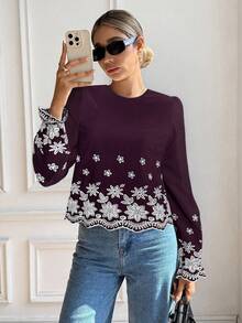 Serisse Áo sơ mi thêu hoa thanh lịch dành cho nữ khi đi làm - Màu đỏ tím - Xem 5