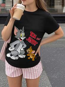 TOM & JERRY X SHEIN 青少年女孩夏季卡通猫咪印花短袖 T 恤