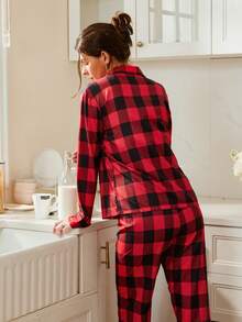 Doze Lane 女士复古休闲撞色格子“Hers”字母印花翻领长袖宽松睡衣套装 红色睡衣套装 女士格子睡衣，秋冬服装 - 彩色 - 查看 2
