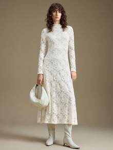 Ontre Lace Women's Stand Collar Raglan Sleeve Casual Fitted Long Dress High-End, Elegant, Old-Fashioned Cruise Attire For Wedding Guests Christmas Evening Clothes New Year Atmosphere Holiday Party Women's Clothing Modern Urban Casual Fashion Business Casual Women's Office Wear Low-Key Old Money Style Effortless Temperament High-End Urban Commuting High-Quality Airport Women's Wear High-End Material Waist Detail Flared Dress New Year