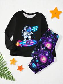 冬季家庭套裝 小男孩 2 件套 貼身睡衣太空人與火箭印花 螢光發光星空長褲，柔軟彈性睡衣套裝 - 彩色 - 查看 4