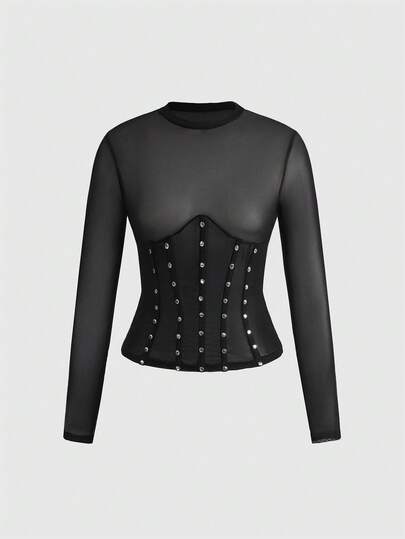 Grunge Punk Y2K Studded Decor Sheer Camisole Top For Women