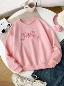 SHEIN 粉色少女运动衫，带刺绣蝴蝶结，保暖内衬 - 粉色 - 查看 3