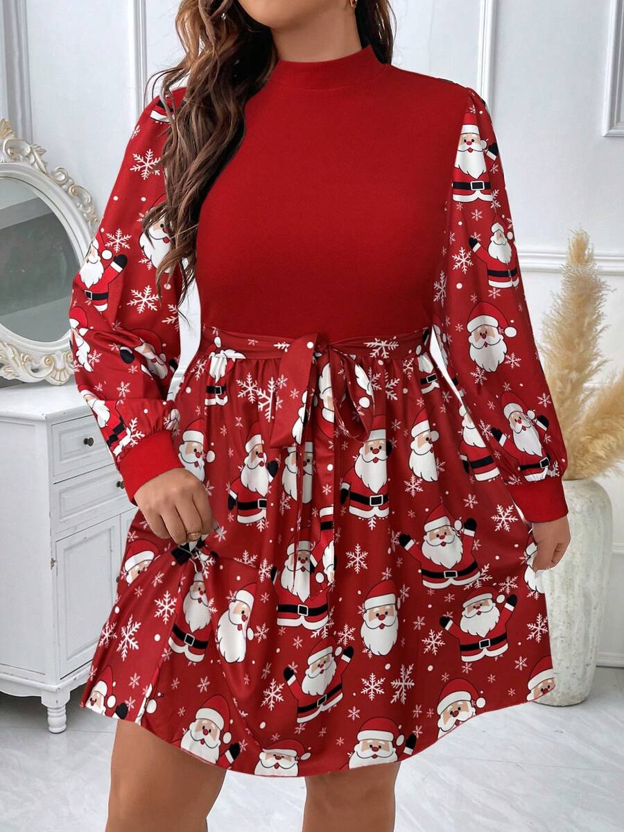 EMERY ROSE Plus Size Stand Collar Colorblock Ditsy Floral Fitted Waist A-Line Casual Holiday Dress - Multicolor - View 1