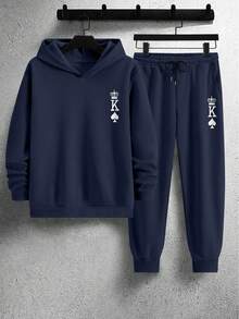 Manfinity Homme 2pcs Men's Casual Spade K & Crown Graphic Print Hooded Sweatshirt And Sweatpants Set, Fall/Winter Cozy Fall & Winter Style Winter Outfits, Thermal Lined - Navy Blue - View 2