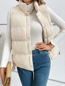 SHEIN Frenchy Snap Button Front Vest Padded Coat In Fall/Winter Casual - Apricot - View 6