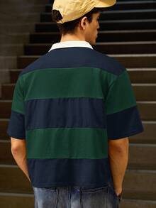 SWAVVY 男士针织休闲日常宽松短袖纽扣 Polo 衫 - 墨綠色 - 查看 6