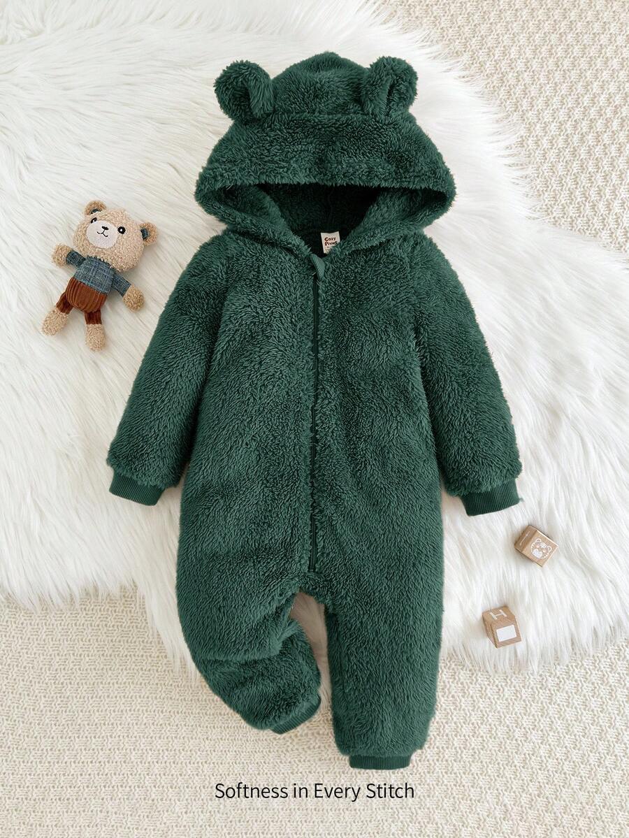 Cozy Pixies 男嬰卡通兔耳連帽加厚連身衣,深綠色冬季可愛保守抓絨保暖外套恐龍連身衣 - 墨綠色 - 查看 1