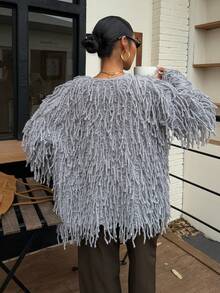 Ritzy Row 女士休闲圆领流苏针织开衫毛衣流苏灰色开衫 - 深灰色 - 查看 2